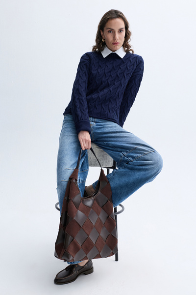 Mudo Loose Fit Knitted Crocheted Crocheted Sweater with Crocheted Necklace