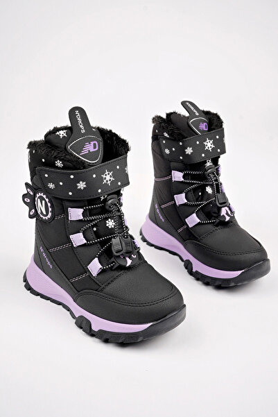 N'drops Dayanıklı, Su Geçirmez, Ortopedik, Cırtlı, Siyah-Lila Kız Çocuk Kar Botu Ayakkabı