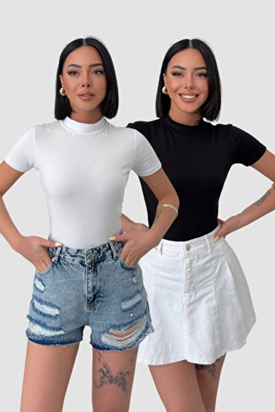 Lunamiratto Balıkçı Kısa Kol Pamuklu Body Siyah Beyaz Yarım Balıkçı Body Boğazlı Tişört T-shirt