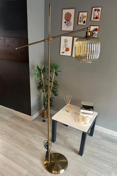 Bamyum Mopa Bal Rengi Cam Lambader Modern Dekoratif Metal Oturma Odası Çalışma Odası Zemin Lambası