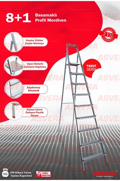 ASVERA Yakut Serisi - 8+1 Basamaklı Galvanizli Profil Merdiven - Ev - Bahçe -...
