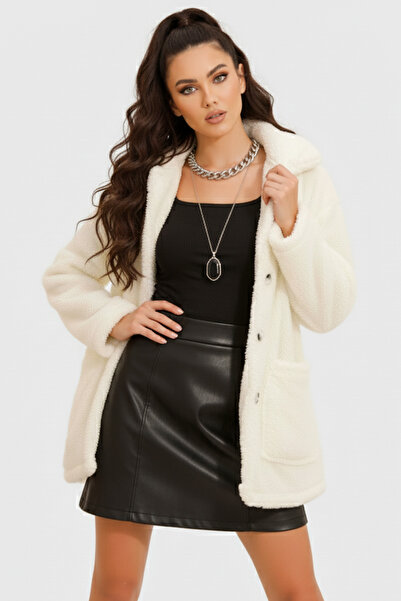 Mila Ecru Double Pocket Buttoned Front Oversized Unlined Plush Jacket