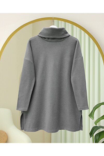 Modamorfo Turtleneck Slit Ribbed Knit Tunic -Gray