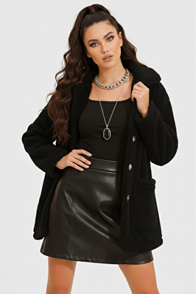 Mila Μαύρο βελούδινο μπουφάν με διπλή τσέπη με κουμπιά μπροστά oversized χωρίς επένδυση