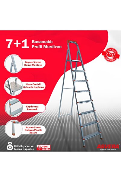 ASVERA Safir Serisi 7+1 Basamaklı Galvanizli Profil Merdiven - Ev - Bahçe - İ...