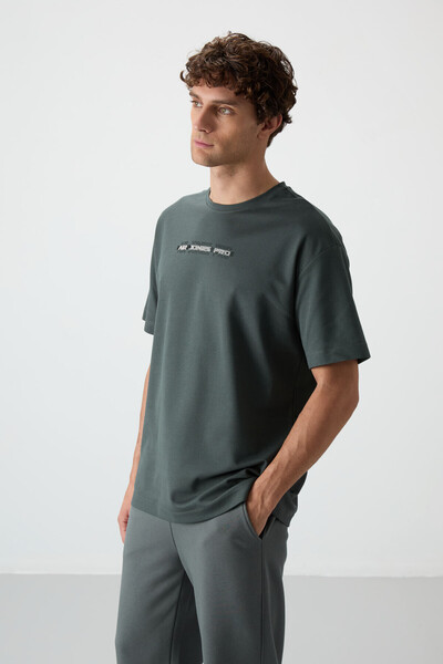 AIR JONES Khaki Cotton Thick Surface Textured Oversize Fit Printed Men's T-Shirt - 88365