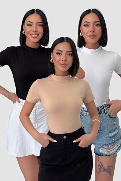 Lunamiratto Cotton Turtleneck Body - Black, Beige, White, Half Turtleneck T-Shirt