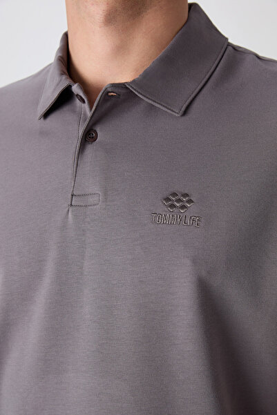 TOMMY LIFE Dark Gray Cotton Thick Soft Textured Standard Fit Basic Polo Collar Men's T-Shirt - 88348