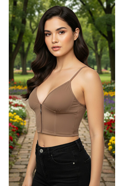 ACTRİS Zippered Strap Crop Bustier with Diver Fabric Pad