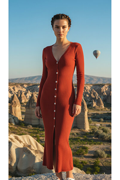 ACTRİS V Yaka Triko Kumaş Beyaz Düğmeli Kadın Turuncu Elbise