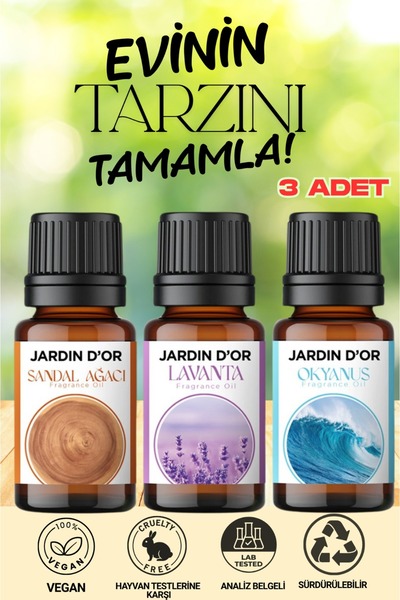JARDIN D'OR 3'lü Set Esansiyel Uçucu Yağ Buhurdanlık Yağı Hava Nemlendirici A...