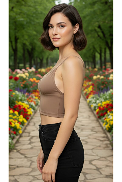 ACTRİS Zippered Strap Crop Bustier with Diver Fabric Pad