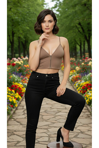 ACTRİS Zippered Strap Crop Bustier with Diver Fabric Pad