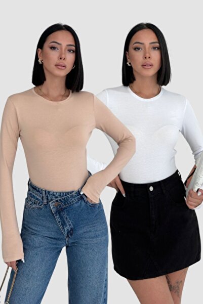 Lunamiratto Дамски боди от 2 части с дълъг ръкав, бяло-бежово, памучен, с кръ...