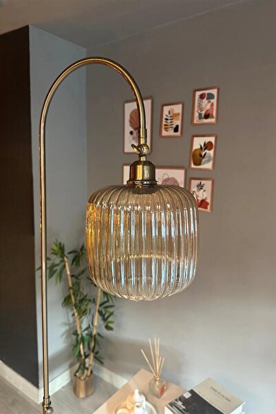 Bamyum Mopa Bal Rengi Cam Lambader Modern Dekoratif Metal Oturma Odası Çalışma Odası Zemin Lambası