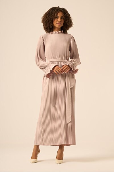 FTZ WOMEN Kadın Plise Şifon Elbise Beige 31019