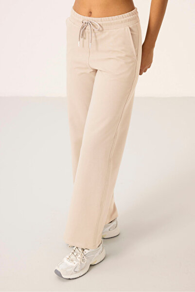 TOMMY LIFE Ecru Stand Collar Zippered Cotton Women's Tracksuit Tunic Set - 95346