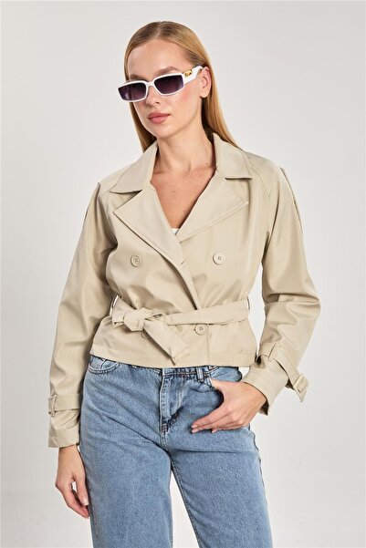 BARRELS AND OIL Women's belted cropped trench coat - stone