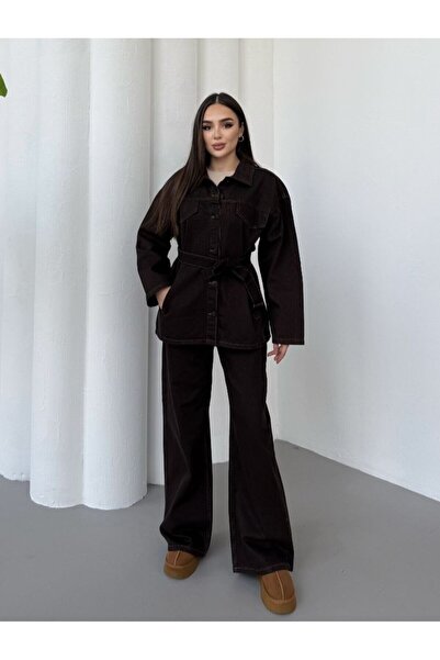 GM Butikk Pocket Detailed Belted Navy Blue Denim Premium Jacket Jean Suit Hijab Clothing Women's Hijab Jeans Suit