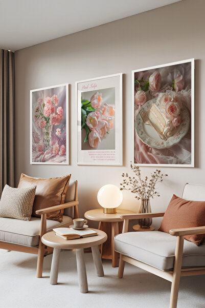 Zestia Set de picturi din 3 piese cu ramă albă, imagine cu lalele roz și vază...