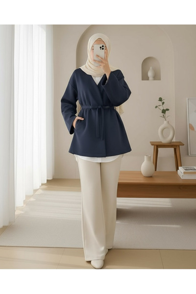 Modamorfo كيمونو سكوبا بياقة على شكل حرف V مع حزام - لون كحلي