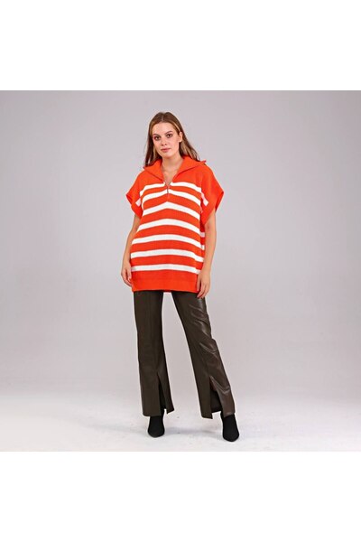 EDZ Women's Knitwear Short Sleeve High Neck Zippered Loose Oversized Fit Tunic