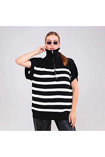 EDZ Women's Black Knitwear Short Sleeve High Neck Zippered Loose Fit Oversized Pattern Tunic