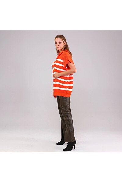 EDZ Women's Knitwear Short Sleeve High Neck Zippered Loose Oversized Fit Tunic