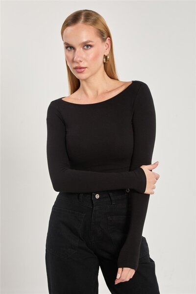 BARRELS AND OIL Women's boat neck long sleeve bodysuit - black