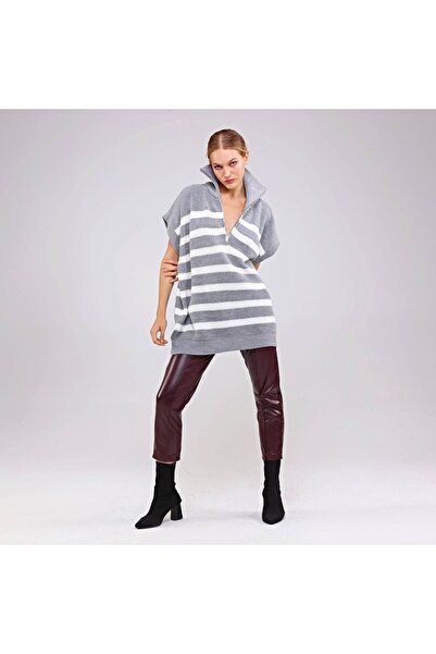 EDZ Women's Gray Knitwear Short Sleeve High Neck Zippered Loose Fit Oversized Pattern Tunic