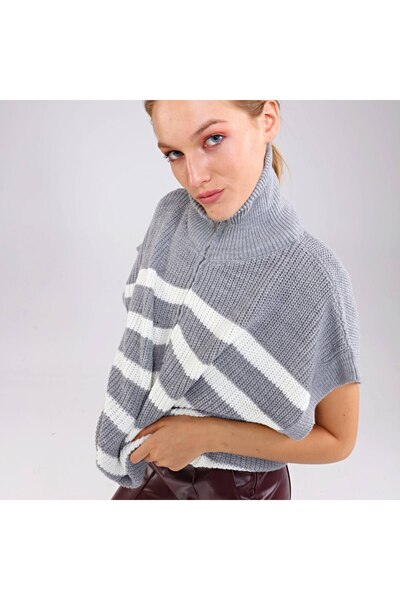 EDZ Women's Gray Knitwear Short Sleeve High Neck Zippered Loose Fit Oversized Pattern Tunic