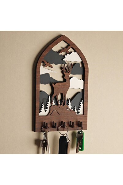 ISLA HOME 3D Ahşap Dağ ve Geyik Tasarımlı Anahtar Askılığı – 15x25 cm Dekorat...
