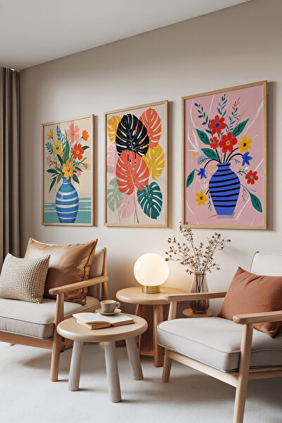 Zestia Set de 3 tablouri cu rame din lemn, flori colorate în vază – stil trop...