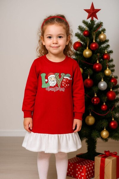 ARBİ kids Girls' Three-Thread Fleece-Lined Christmas New Year Christmas Dress