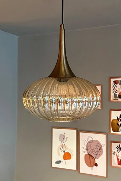 Bamyum Elegant Cam Tekli Bal Rengi Avize Eskitme Külah Başlık Sarkıt Lamba Restoran Salon Aydınlatma