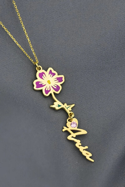 Papatya Silver 925 Ayar Gümüş Gold Kaplama Özel Tasarım Kalp Doğum Taşlı Mineli. Ekim Ayı Çiçeği,Ekim Ayı Isim Koly