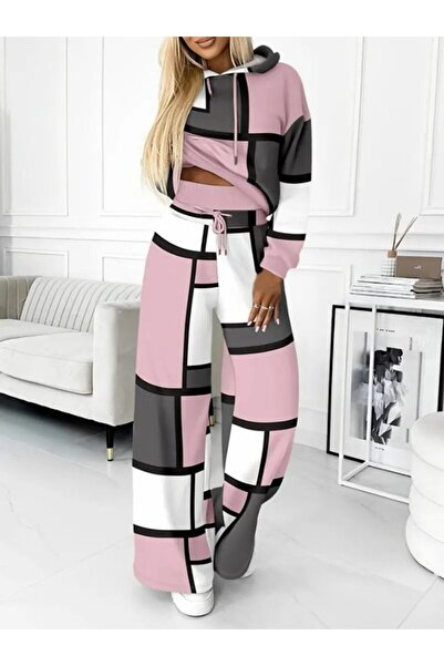 Meleners Women's Long Sleeve Hooded Lace-Up Patterned Two Thread Blouse and Pants Two-Piece Set