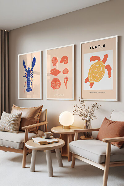 Zestia Set de 3 tablouri înrămate albe, cu ilustrații cu homari, broaște țest...