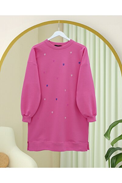 Modamorfo Round Neck Heart Patterned Combed Cotton Tunic -Pink