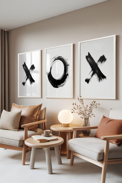 Zestia Set de 3 tablouri cu ramă albă, modele cu pensule negre – Stil minimal...