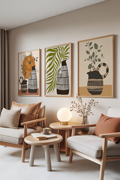 Zestia Set de 3 tablouri cu rame din lemn, vază și frunze – Stil Boho, Set pe...