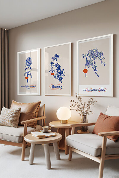 Zestia Set de 3 tablouri cu ramă albă, ilustrații cu flori albastre – Stil na...