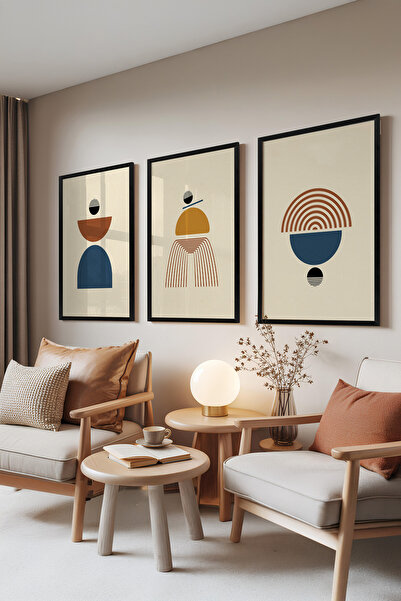 Zestia Set de 3 tablouri cu ramă neagră, Abstract Balance – Forme moderne, Se...