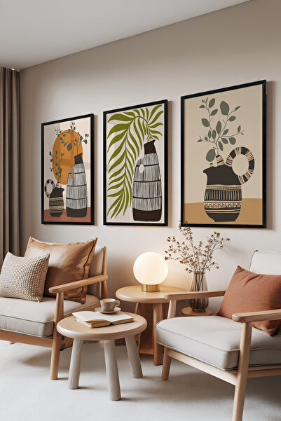 Zestia Set de 3 tablouri cu ramă neagră, vază și frunze – Stil Boho, Set pent...