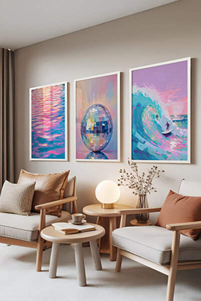 Zestia Set de 3 tablouri cu ramă albă, Neon Waves – Disco & Surf, Set de tabl...