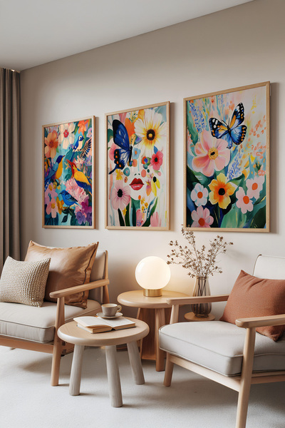 Zestia Set de 3 tablouri cu rame din lemn, fluturi și flori – Culori vibrante...