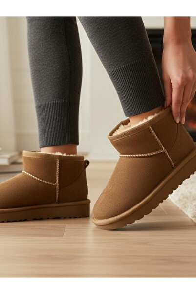 MARKABONİ Kız Çocuk Taba Kalın Poli Taban İçi Kürklü Süet Görünümlü Mini Bot