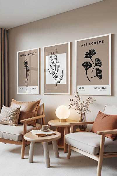 Zestia Set de 3 tablouri cu ramă albă, modele cu flori și frunze uscate, set ...