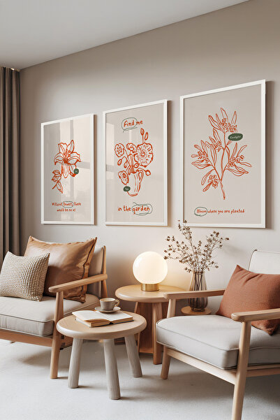 Zestia Set de 3 tablouri cu ramă albă, Citate despre grădină – Flori desenate...