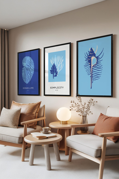 Zestia Set de 3 tablouri cu ramă neagră, scoici și corali albastru oceanic, s...